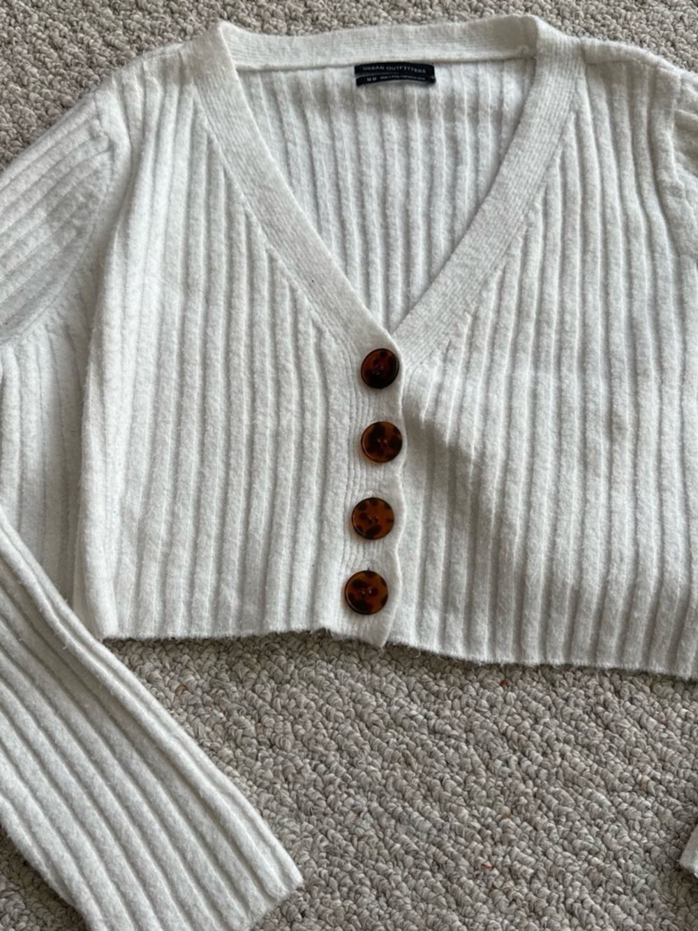 Urban Outfitters Cream Ribbed Cropped Cardigan with Tortoiseshell Buttons